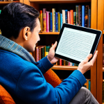 **

"A cozy home library scene with a person reading an ebook on a tablet, surrounded by bookshelves filled with colorful books, warm lighting, fully clothed, appropriate attire, safe for work, perfect anatomy, natural proportions, family-friendly, professional photography, high quality, detailed background, no exposed skin."

**