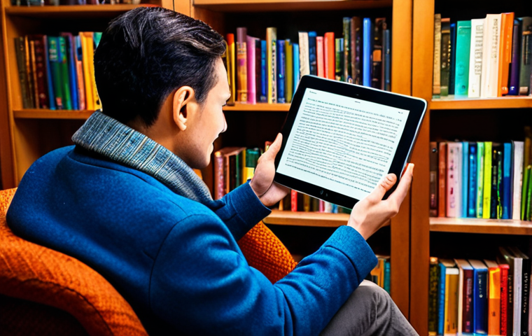 **
"A cozy home library scene with a person reading an ebook on a tablet, surrounded by bookshelves filled with colorful books, warm lighting, fully clothed, appropriate attire, safe for work, perfect anatomy, natural proportions, family-friendly, professional photography, high quality, detailed background, no exposed skin."
**